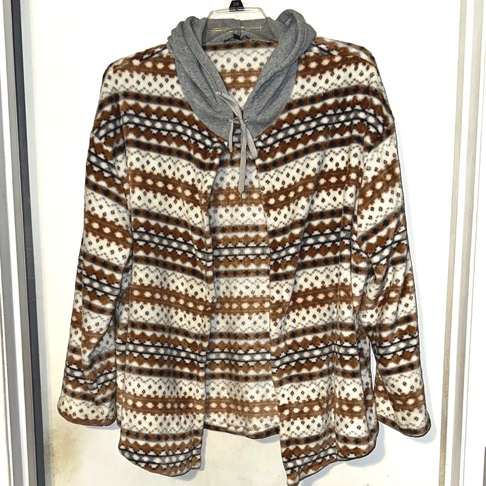 Brown and Gray Hooded Cardigan with Nordic Pattern 3X